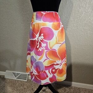 New York‎ & Company Womens Pink Orange Floral Cotton Midi Skirt Size 10 Tropical
